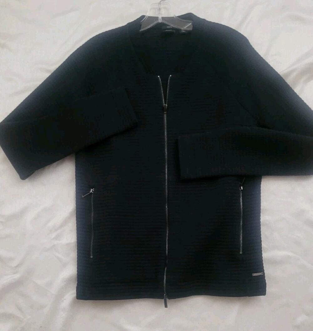 HUGO BOSS DEEP NAVY RIBBED OTTOMAN KNIT,SLIM FIT, ZIP POCKETS,FRONT ZIP JACKET